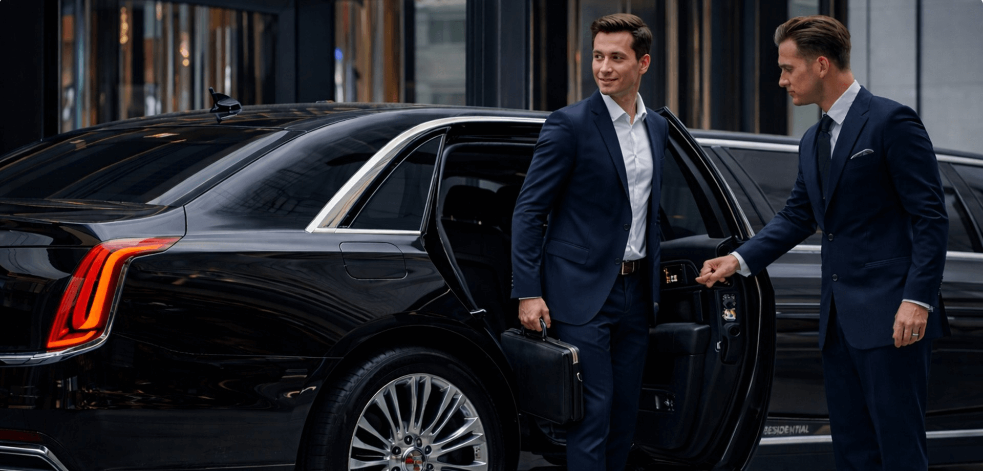 Black Stretch Cadillac chauffeur opening the door