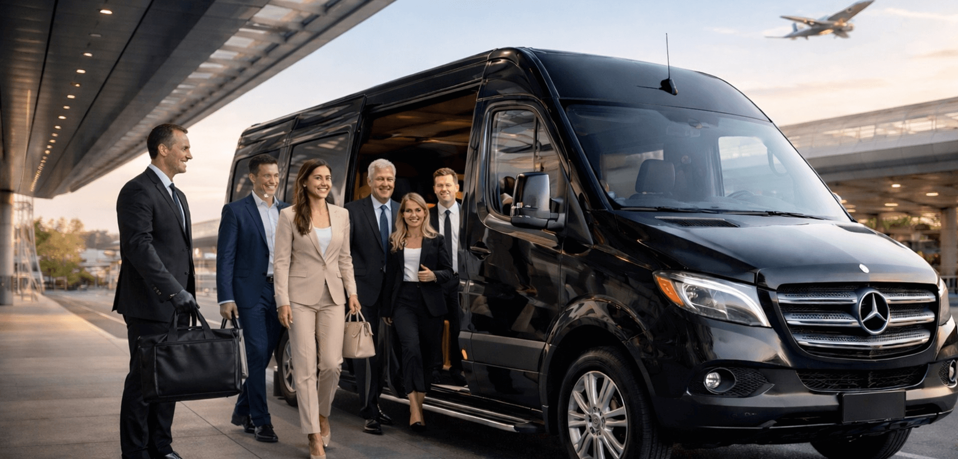 Chauffeur dropping business team at airport with black sprinter van