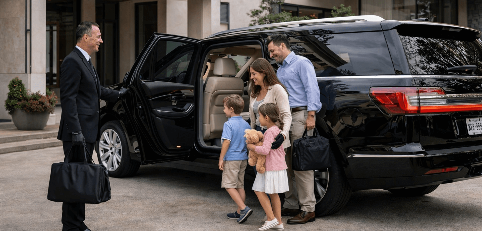 Chauffeur with luxury suv picking family at home