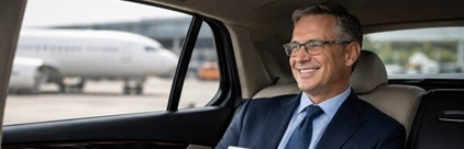 A man enjoying a comfortable airport transfer service in the backseat of a premium chauffeur-driven car.