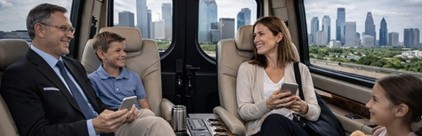 Passengers arriving comfortably at their destination after a city-to-city trip in a chauffeured vehicle.